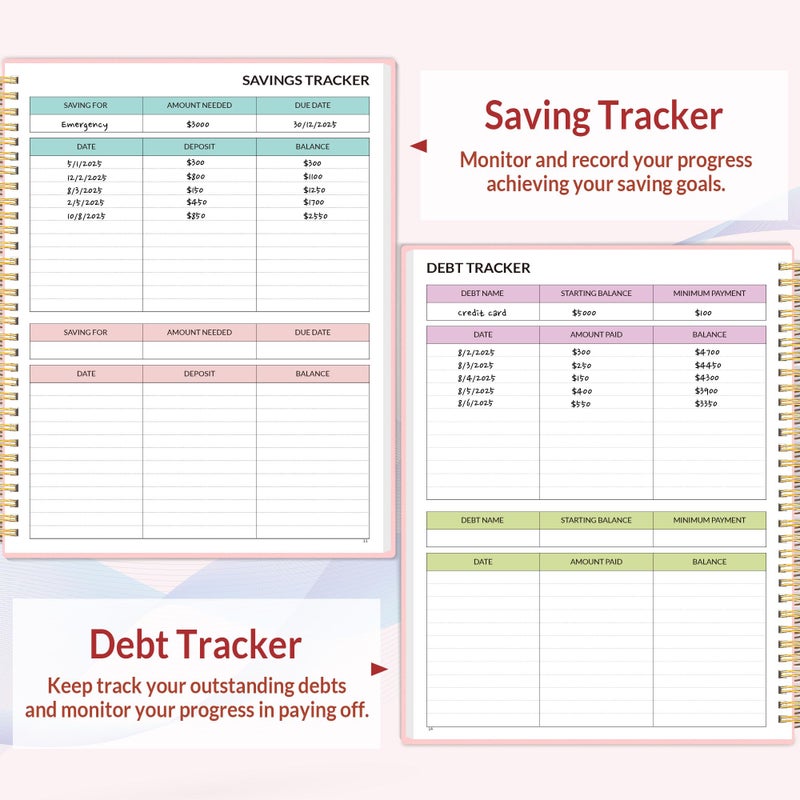 ساني مخطط ميزانية SUNEE - كتاب ميزانية شهرية مع دفتر ملاحظات لتتبع النفقات، A4 (8.5 بوصة × 11 بوصة) منظم فاتورة غير مؤرخ لمدة 12 شهرًا ومخطط مالي لإدارة أموالك، دفتر حساب مع علامة تبويب ملونة، وردي - Image 5